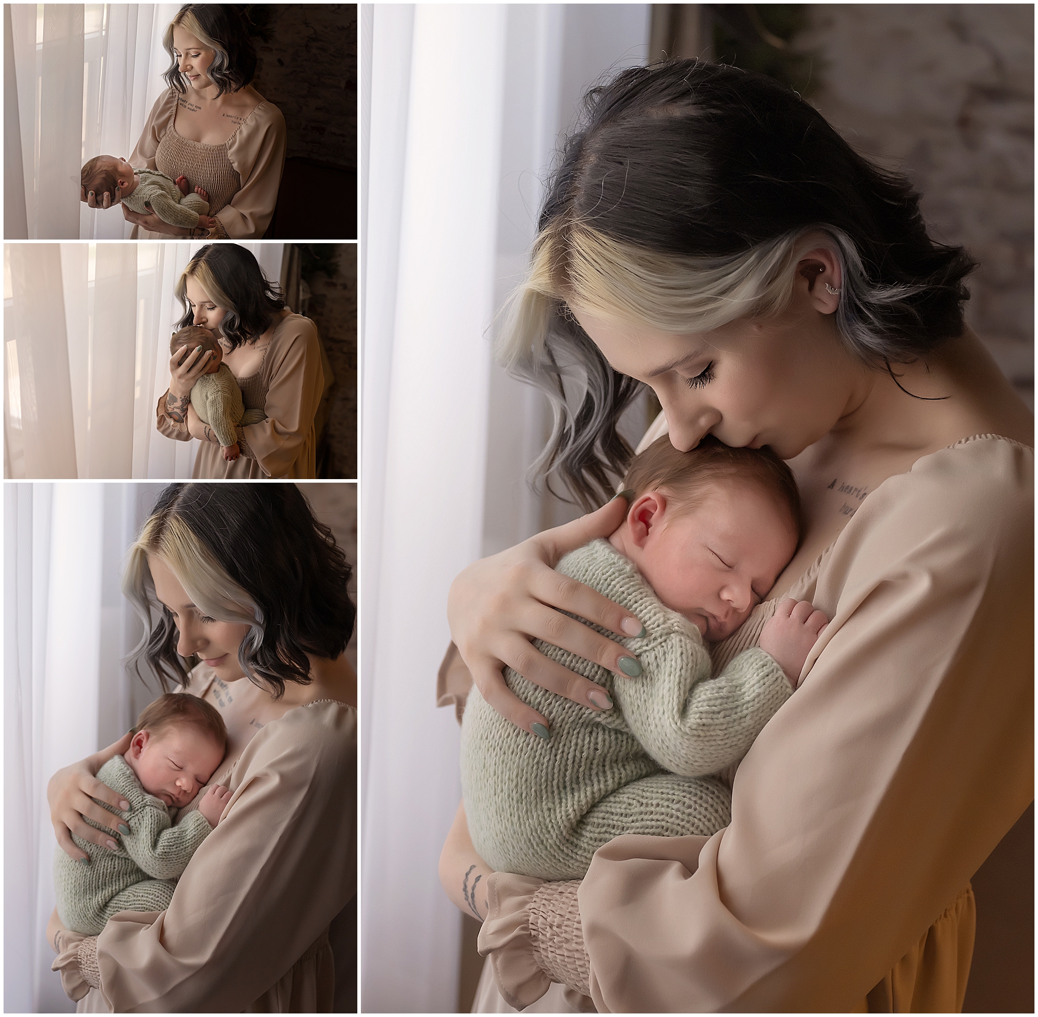 new mom posing with baby boy by a window in london ontario studio