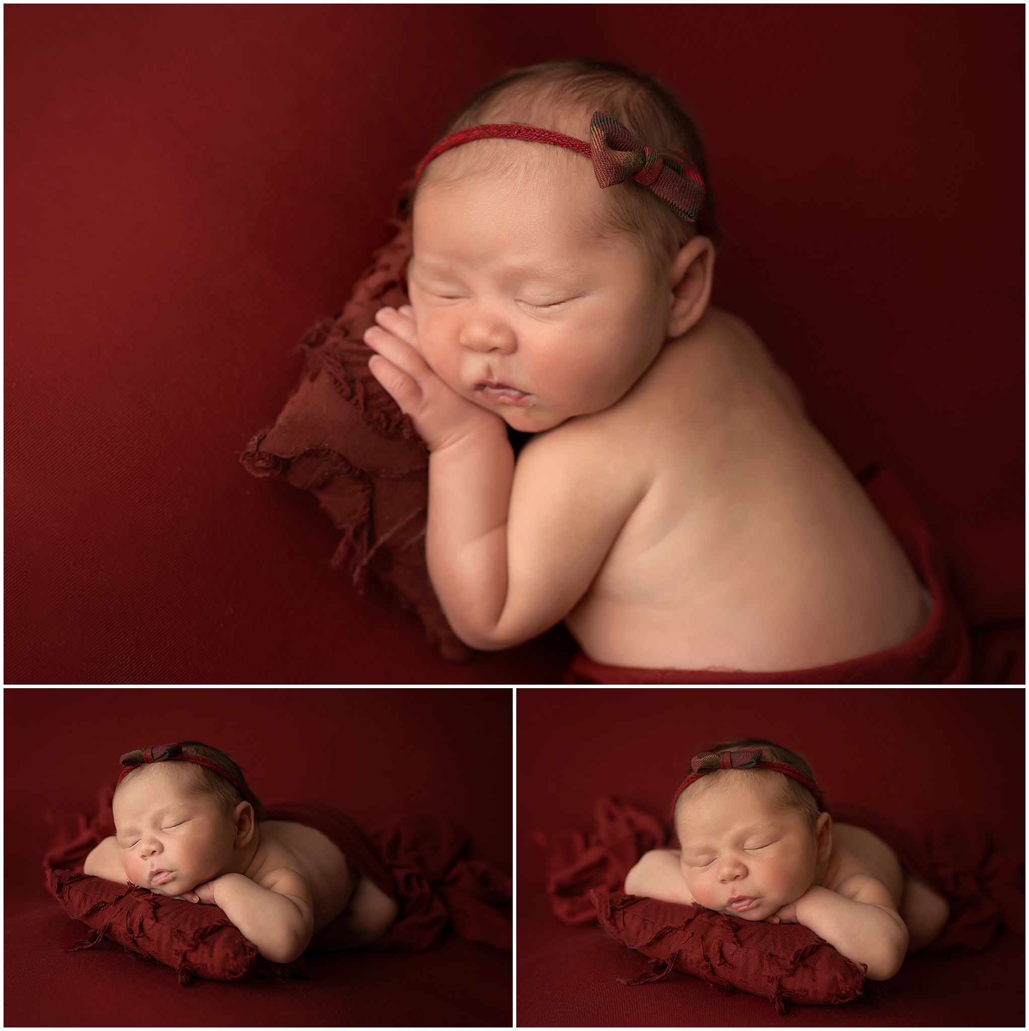 newborn baby sleeping on red fabric at london ontario photography studio