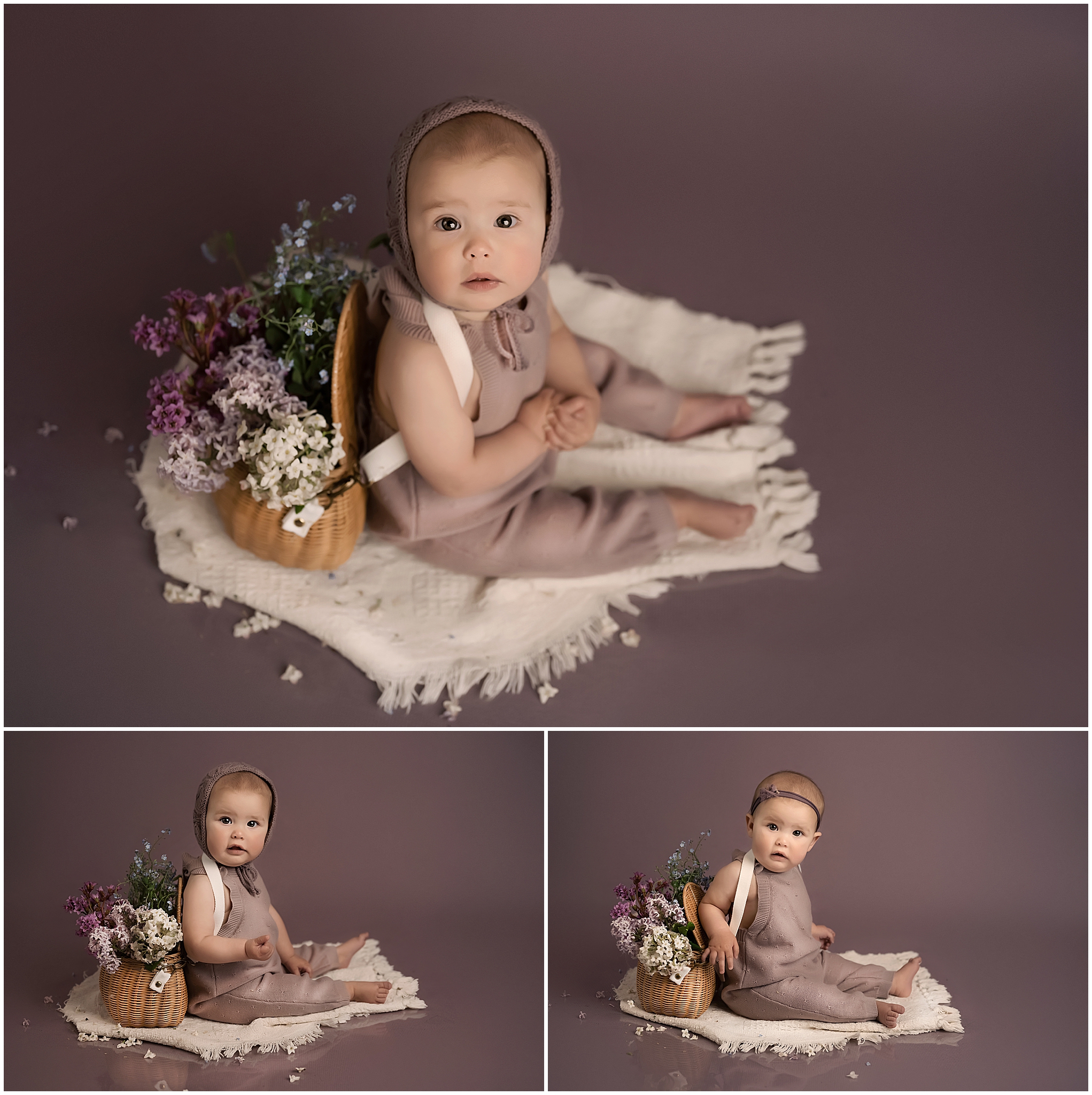 baby girl sitting sitting on floor on lilac backdrop with spring flowers during milestone session at photography studio in london ontario