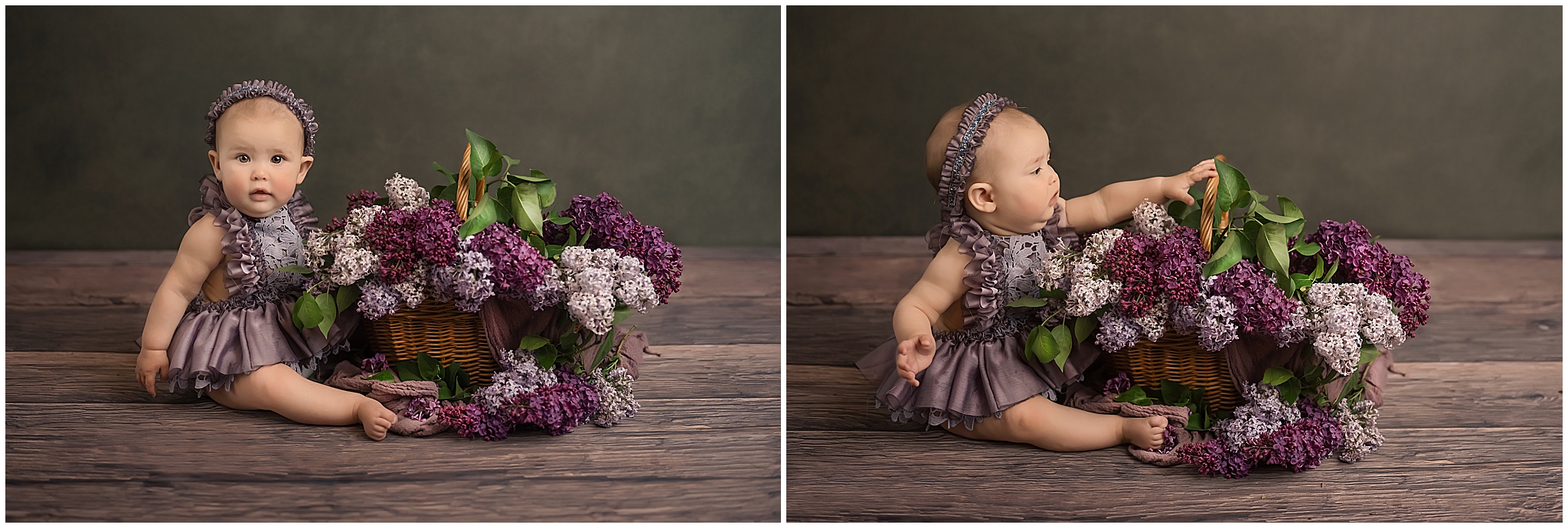 baby girl sitting on floor with basket of flowers