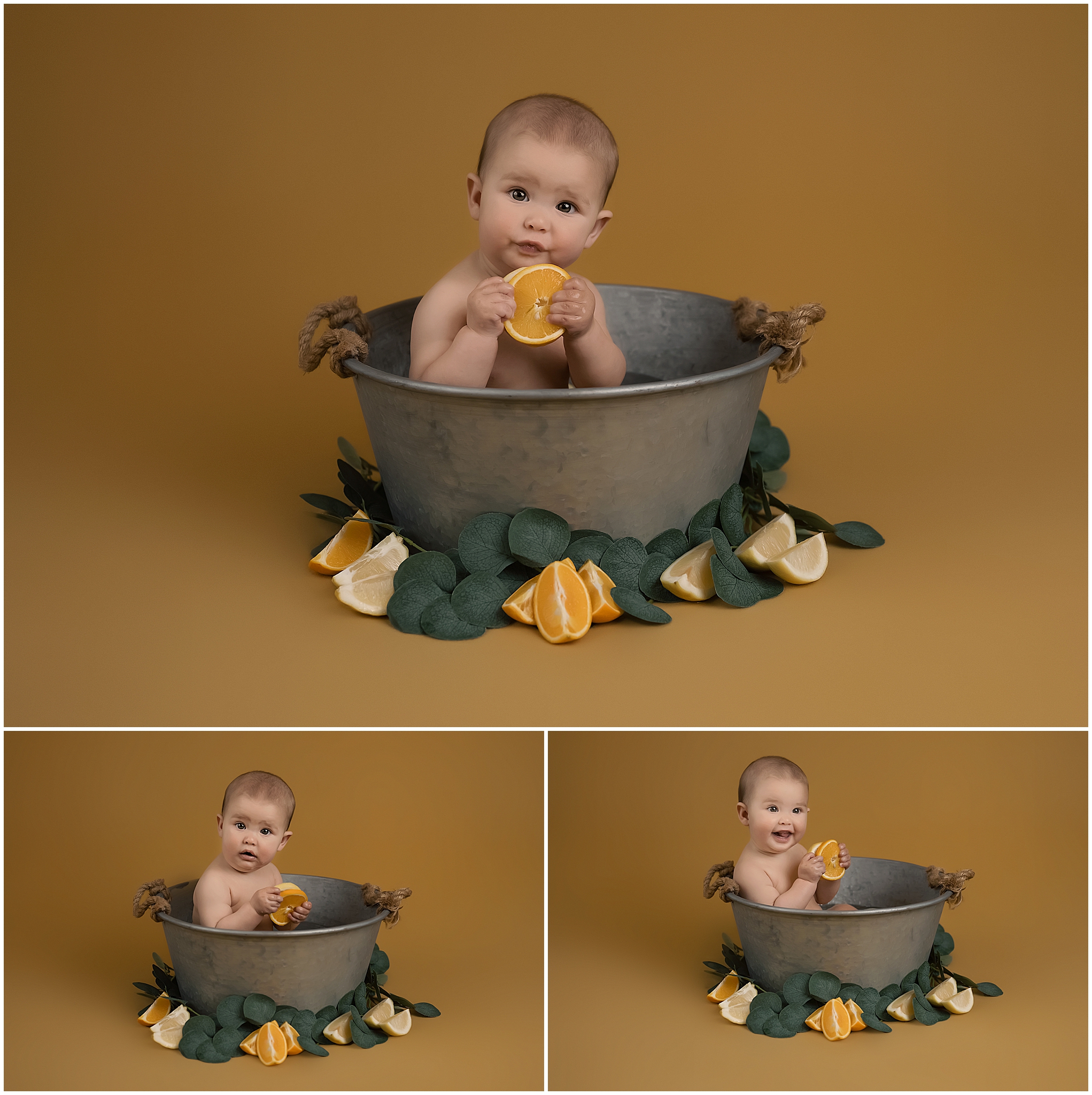 baby girl posing in citrus bath during milestone session in london ontario studio