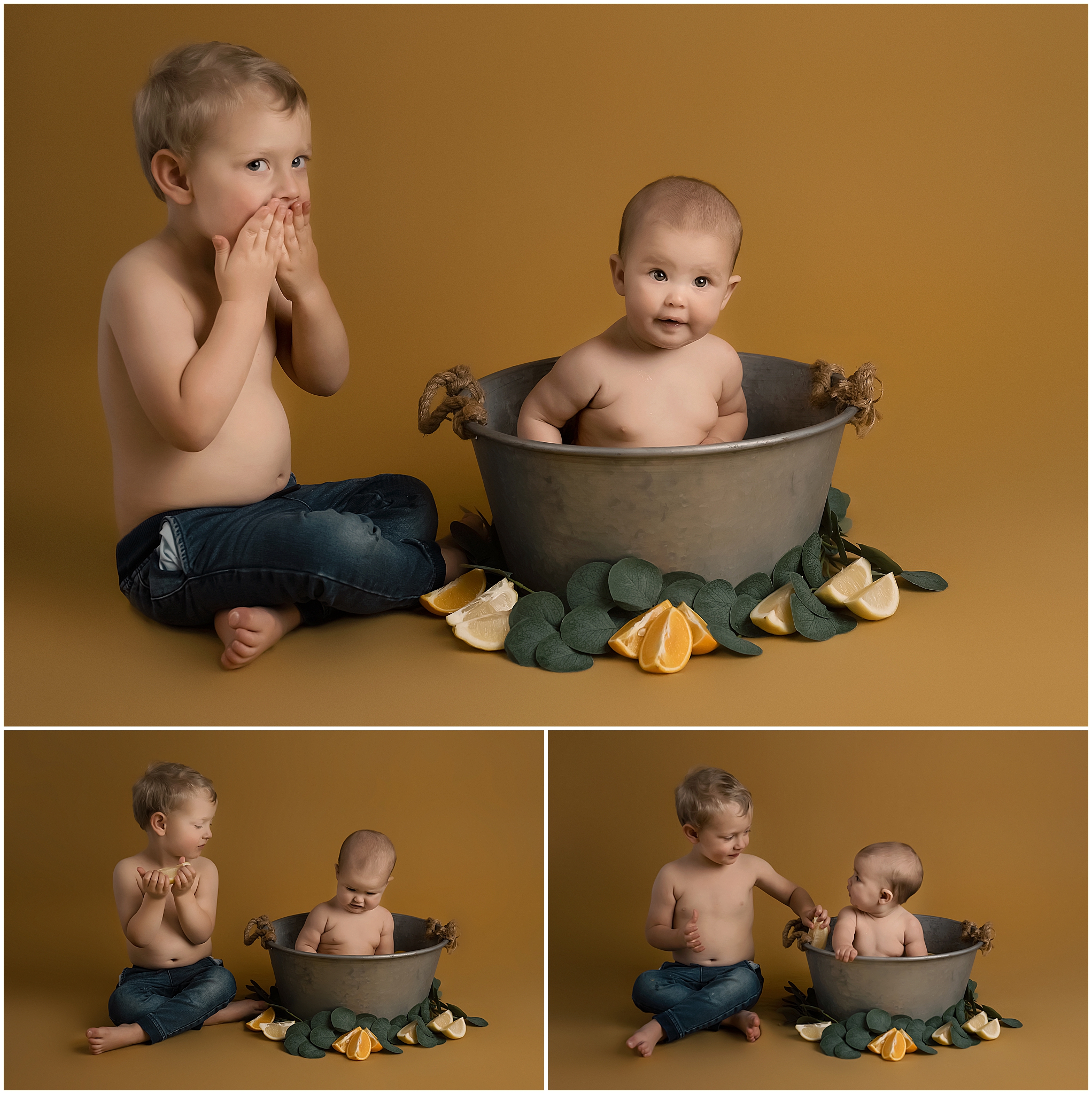 siblings posing together in citrus bath during milestone session at studio in london ontario