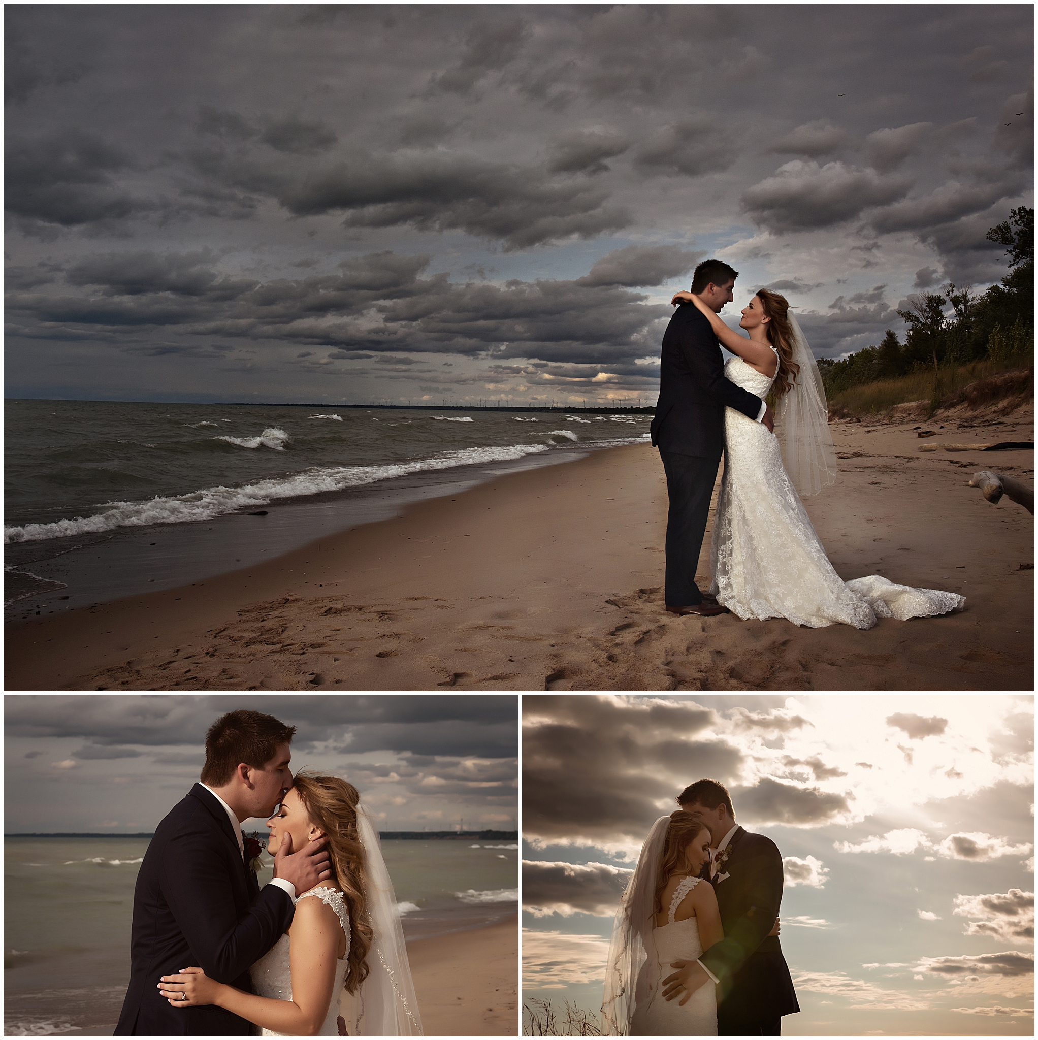 bride and groom on stormy beach in grand bend ontario