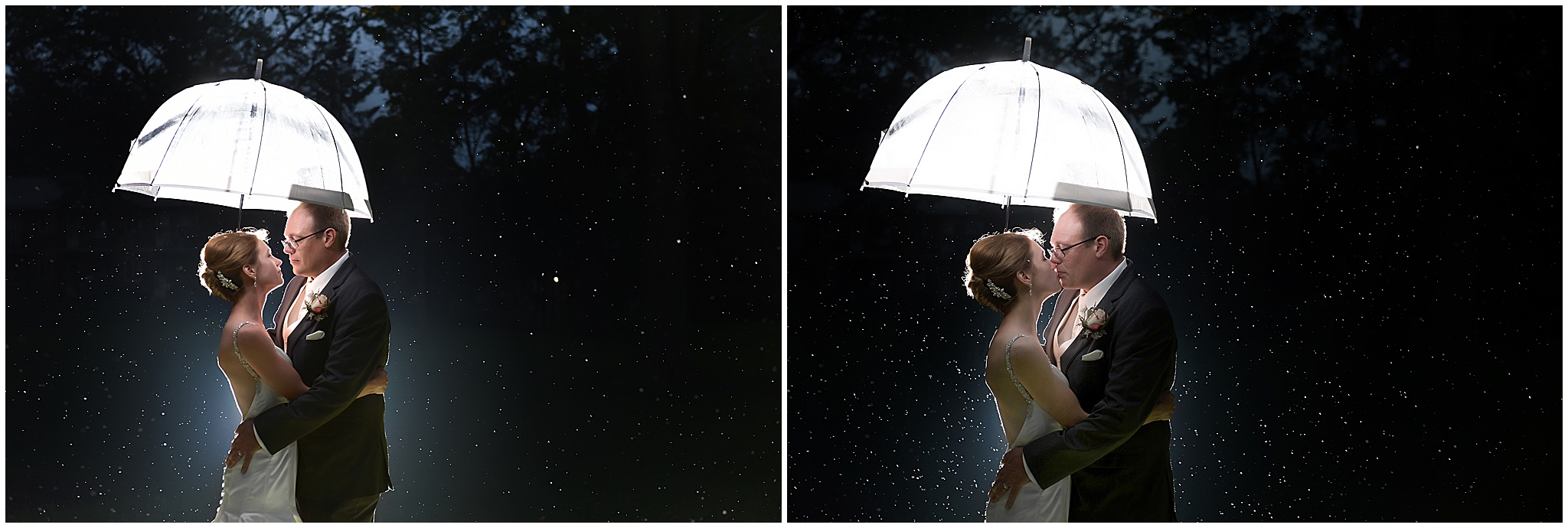 bride and groom with umbrella on rainy night in st. marys ontario