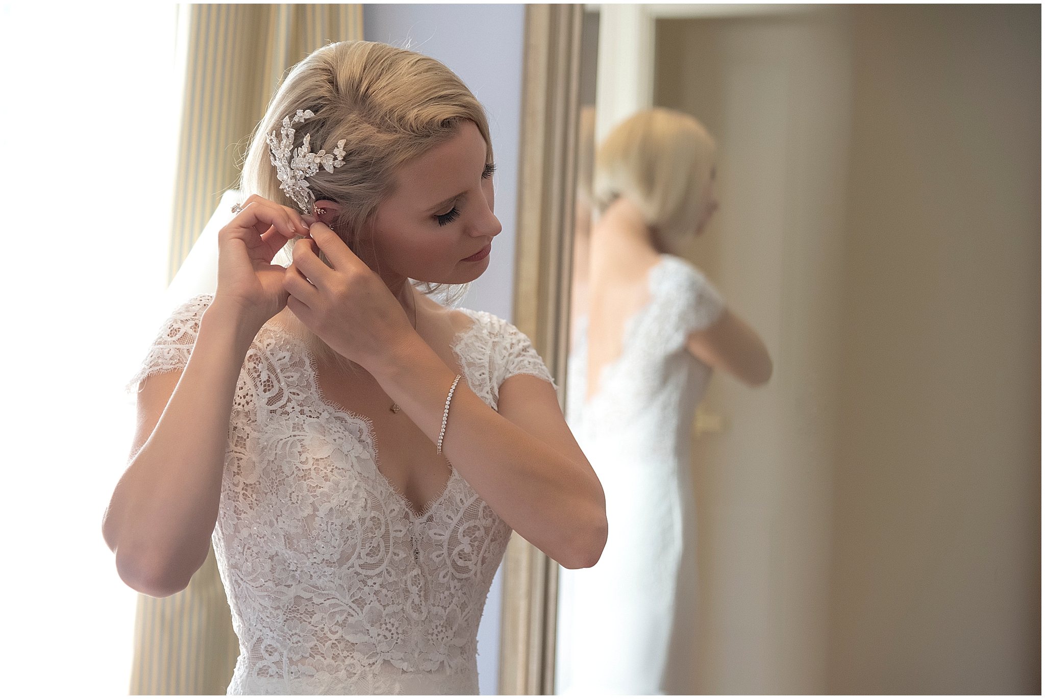 bride putting earrings in , Clinton, Ontario