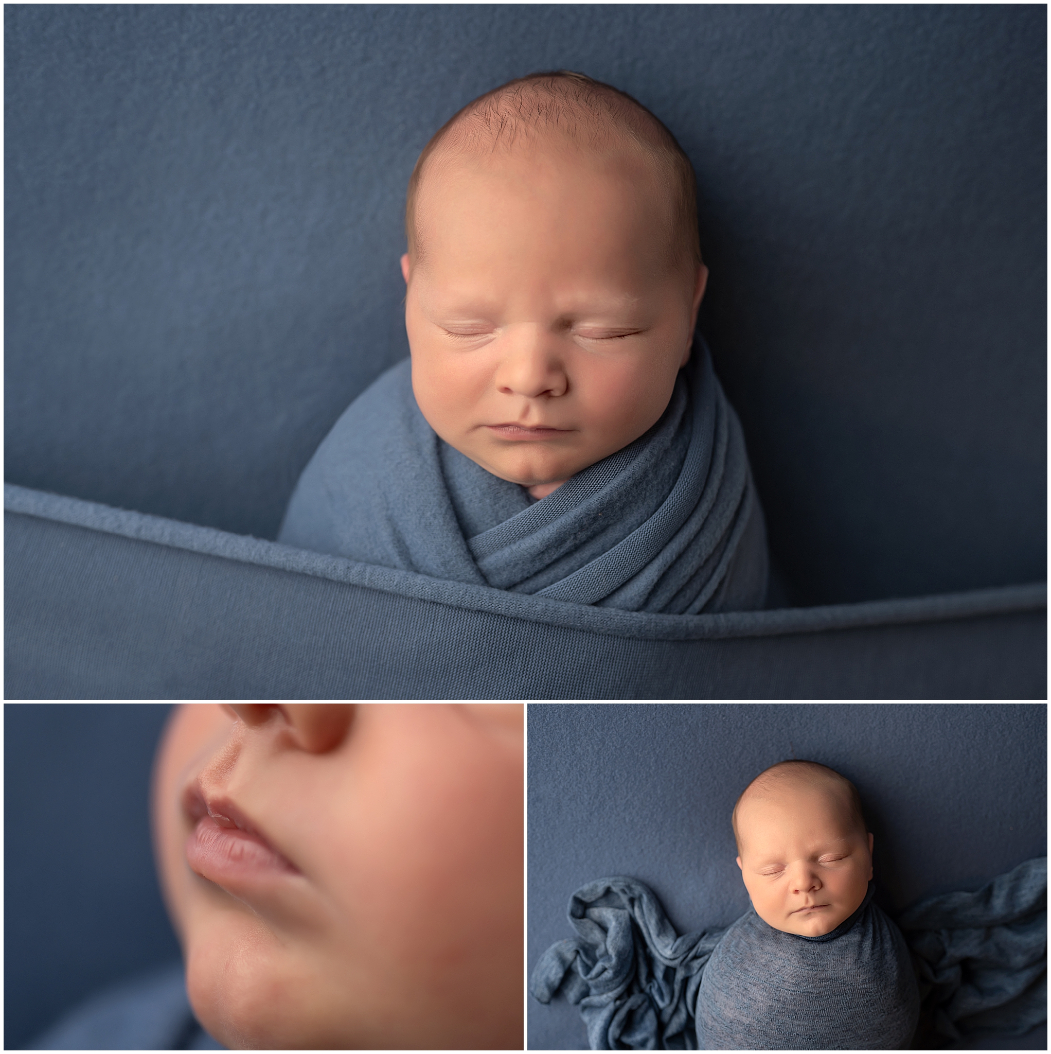 baby sleeping on blue fabric during newborn photography session in london ontario