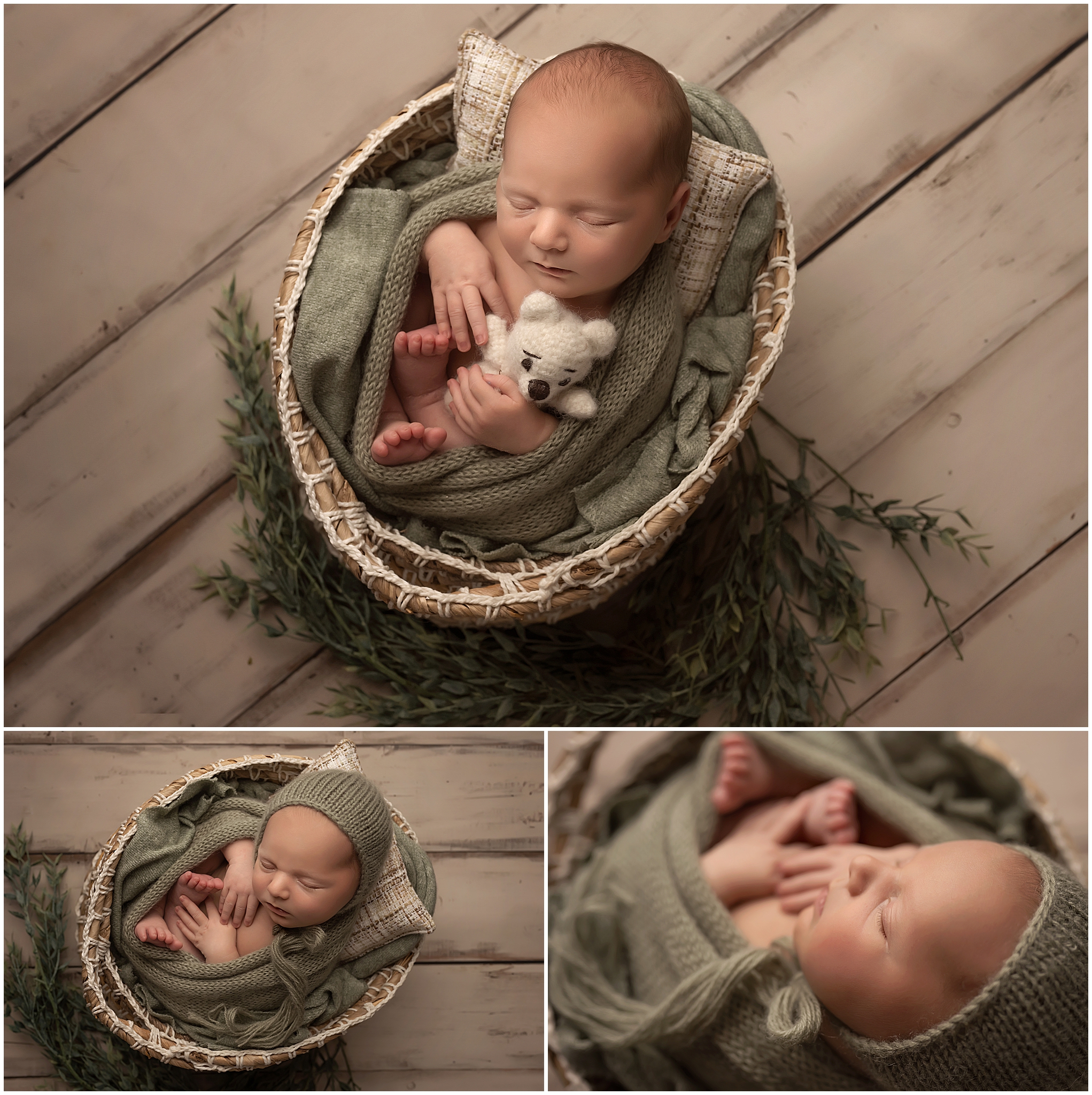 baby holding teddy bear during newborn session at photography session in london ontario