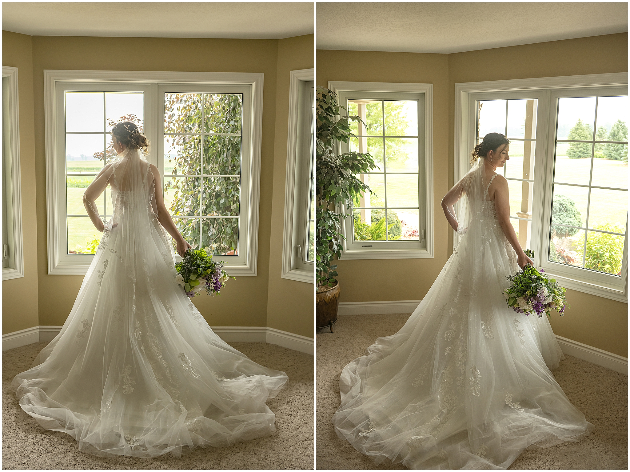 bride standing by window 