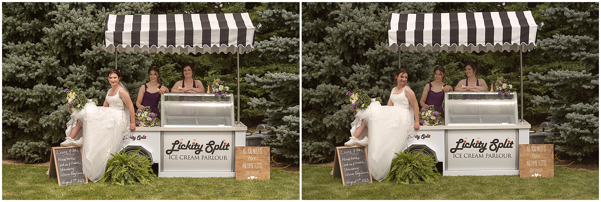 bride and bridesmaids posing by ice cream cart for professional wedding photographer in london ontario