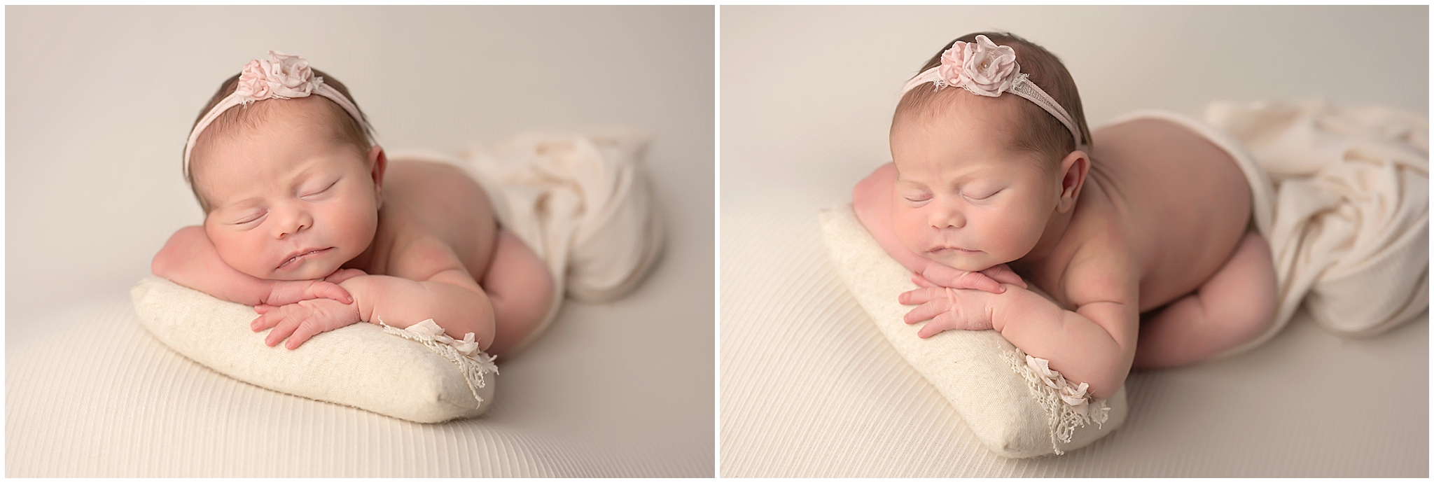 baby girl sleeping on tiny pillow during newborn session at photography studio in london ontario