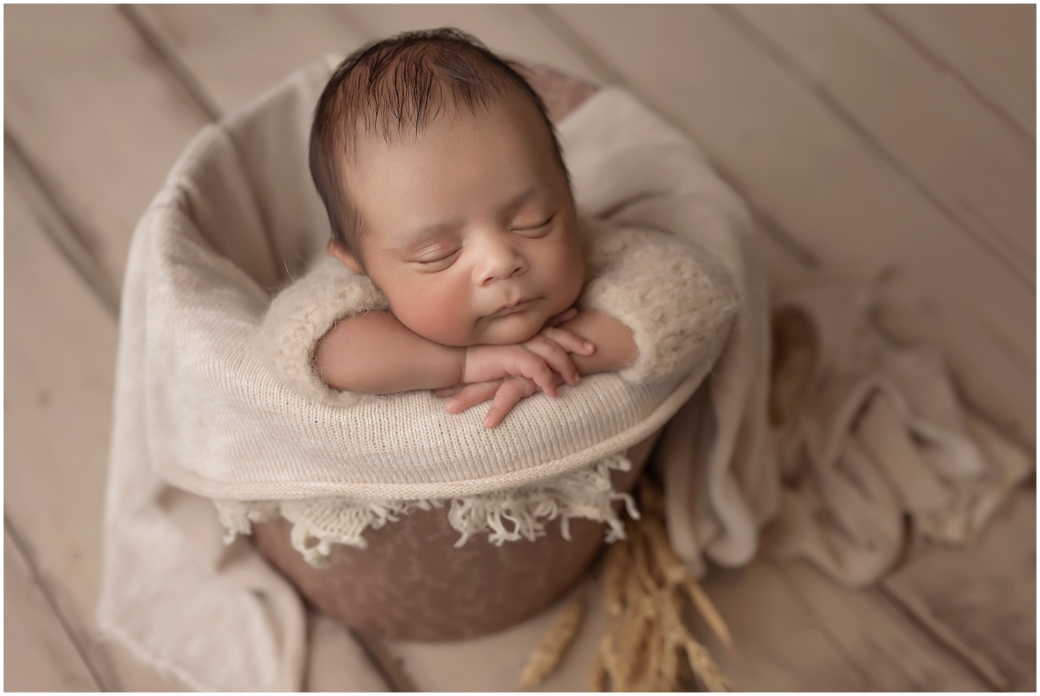 newborn baby posing in bucket  during newborn photography session at london ontario studio