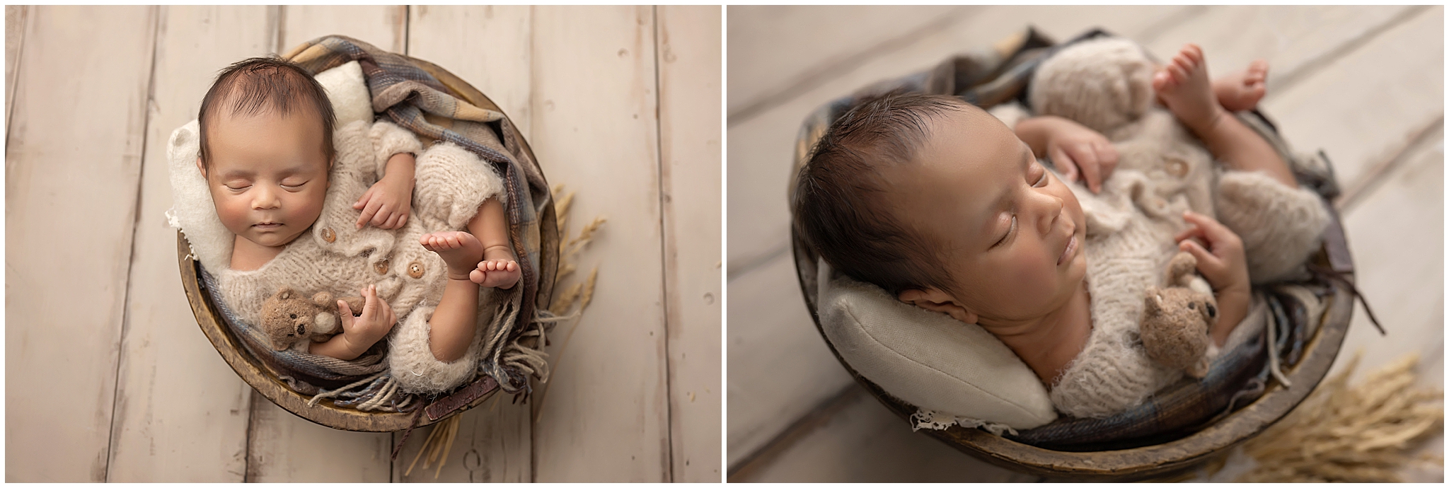 newborn baby sleeping in bowl  during newborn photography session at london ontario studio