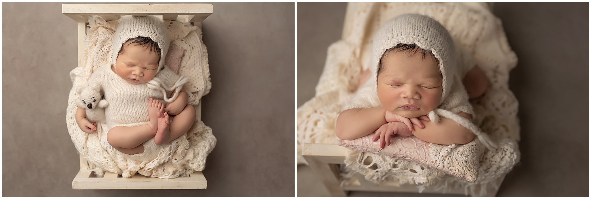 baby sleeping in tiny bed during newborn photography session in london ontario