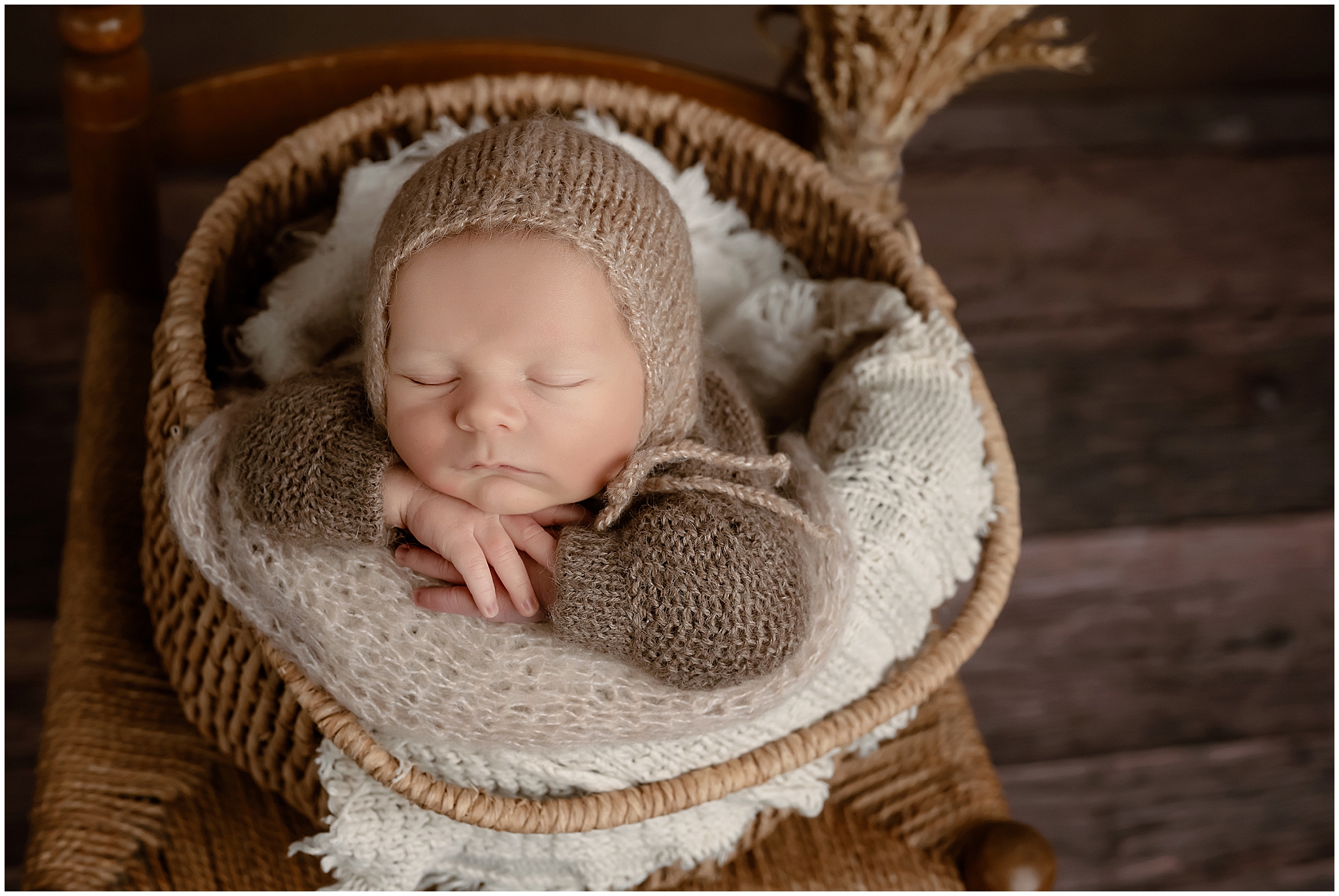baby in basket at newborn photography session at studio in london ontario