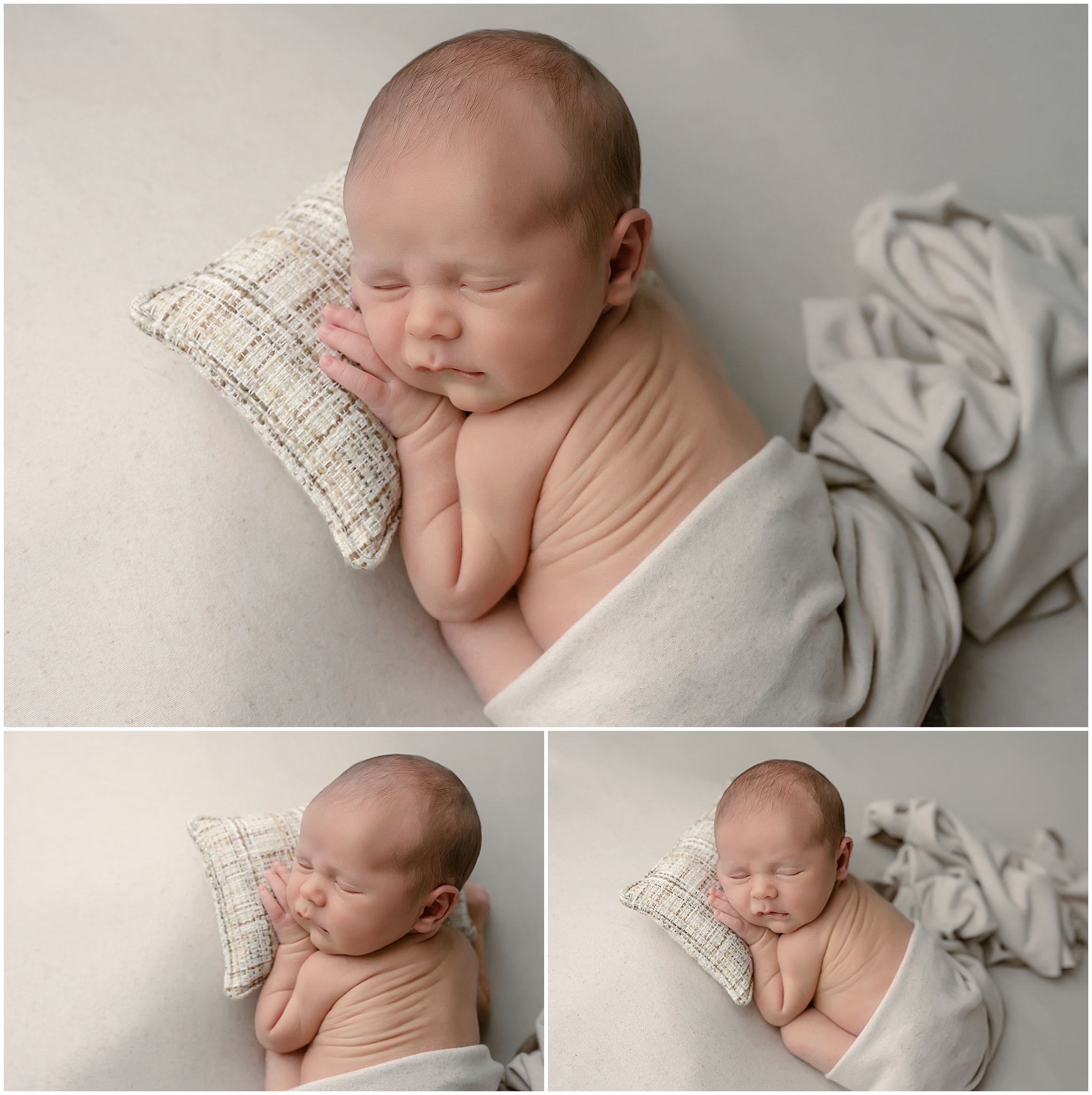 baby sleeping in neutral colours during newborn photography session at studio in london ontario
