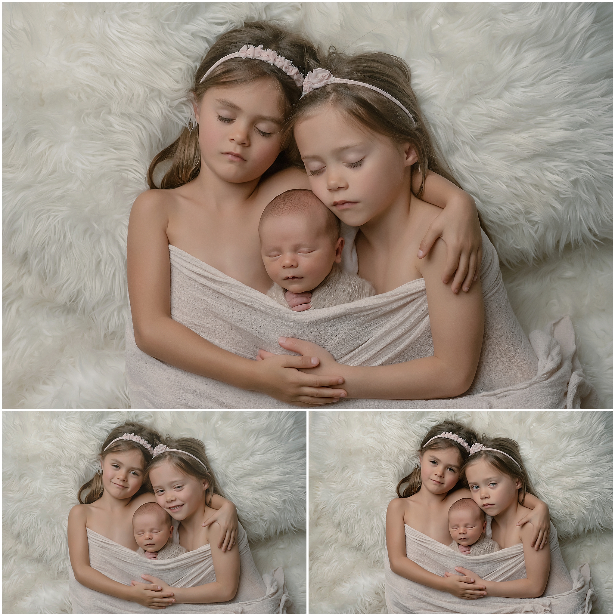 baby boy sleeping with sisters during baby boy sleeping in tiny bed during newborn photography session at studio in london ontario