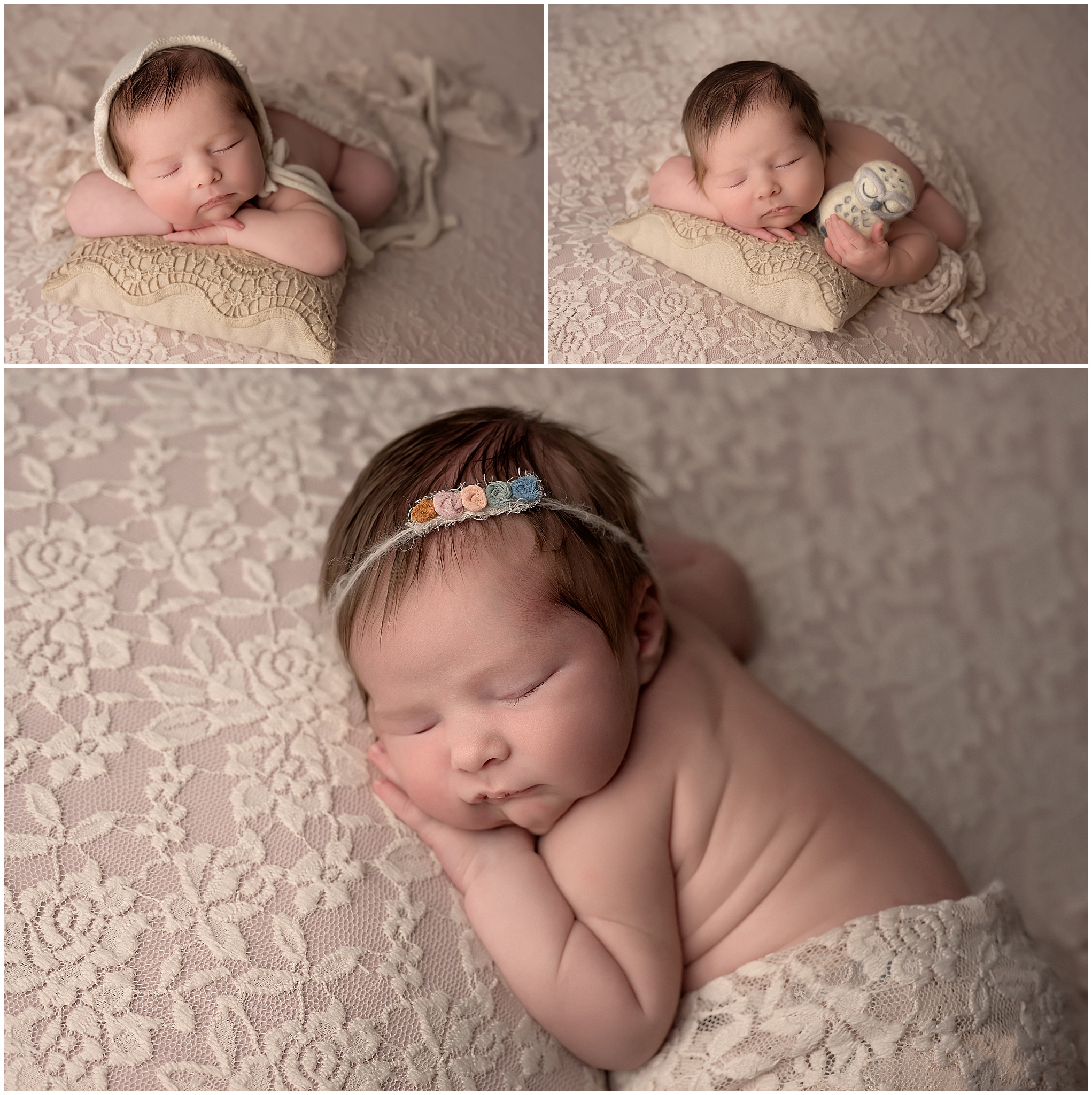 images of baby girl sleeping on a lace blanket during newborn session in London ontario