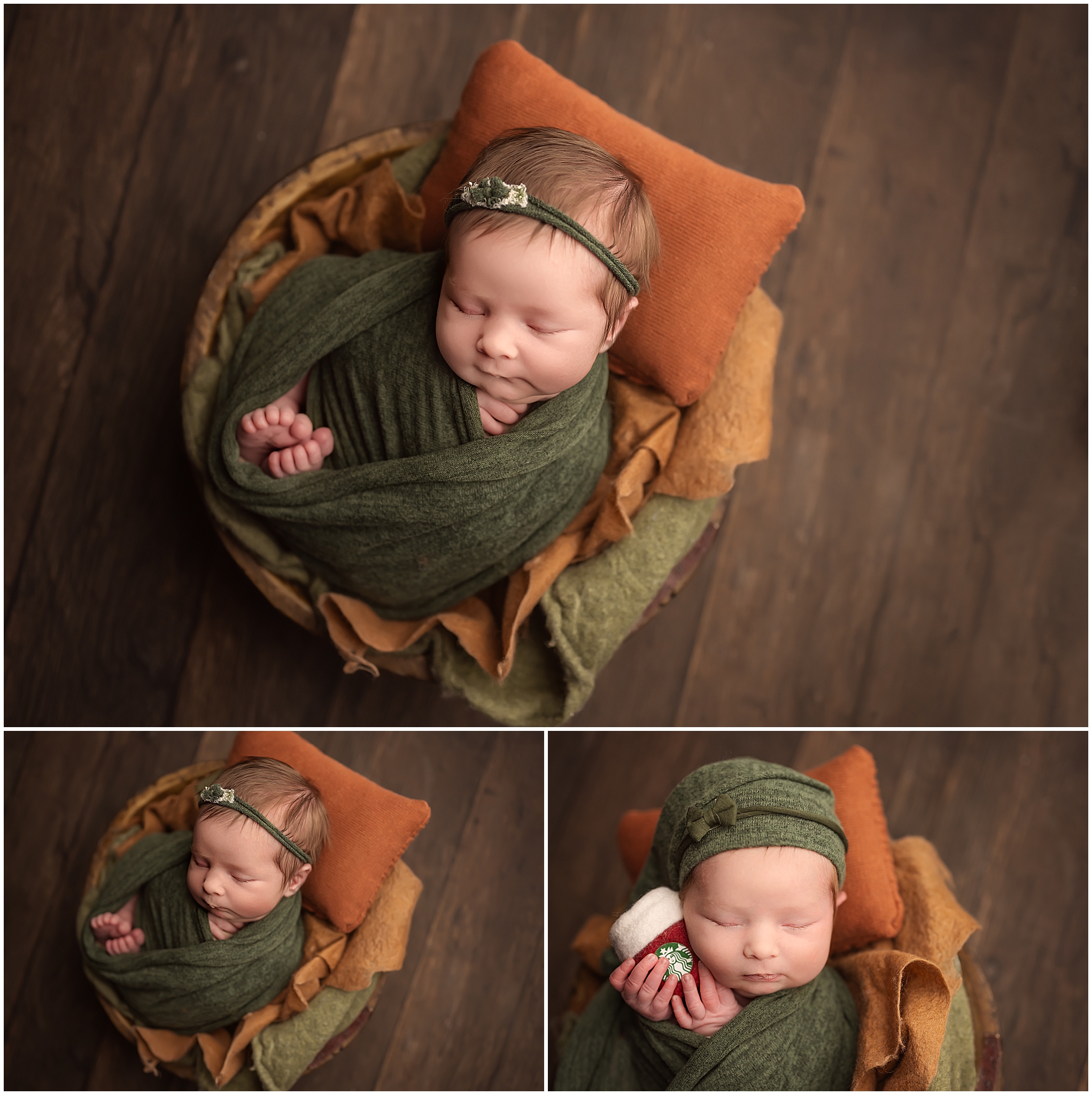 newborn baby girl sleeping in bucket all wrapped up during newborn session in london ontario