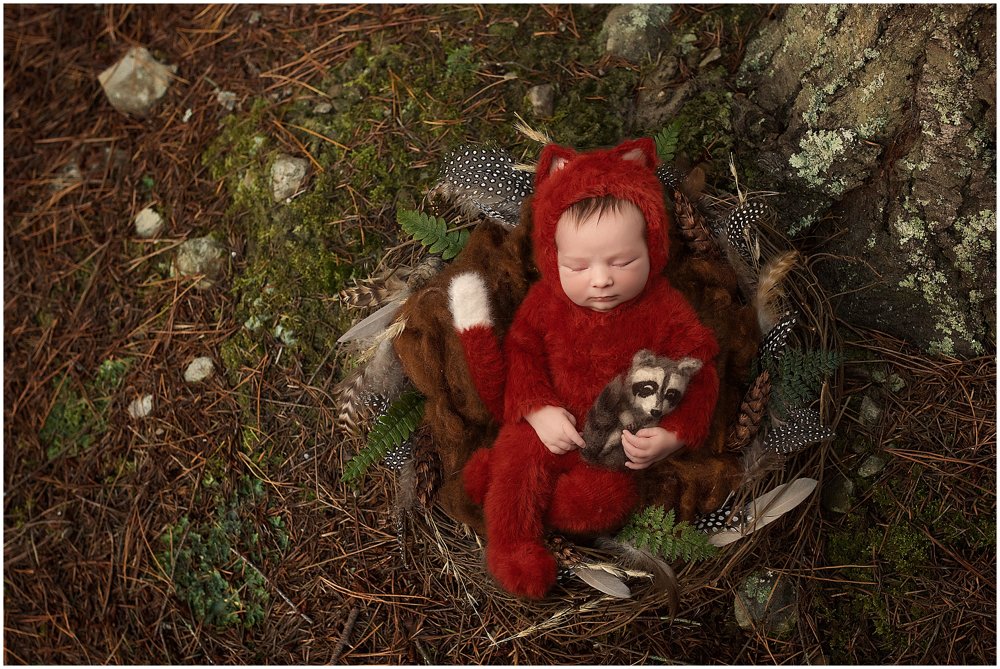 newborn baby girl sleeping with raccoon in the forest for woodland themed photos 