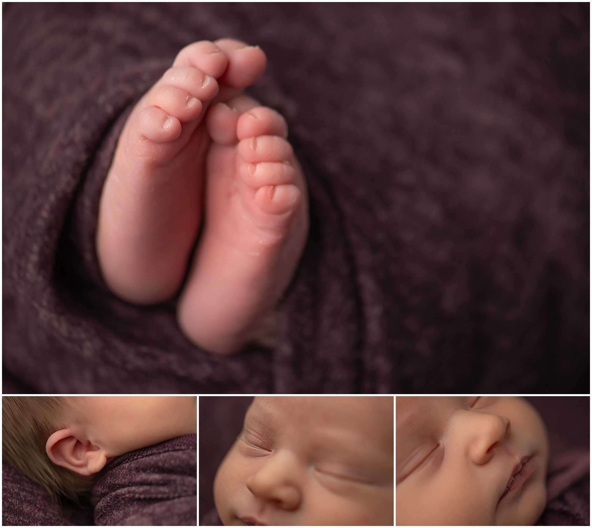 tiny feet, ears, mouth and lashes on sleeping baby during newborn photography session in London ontario