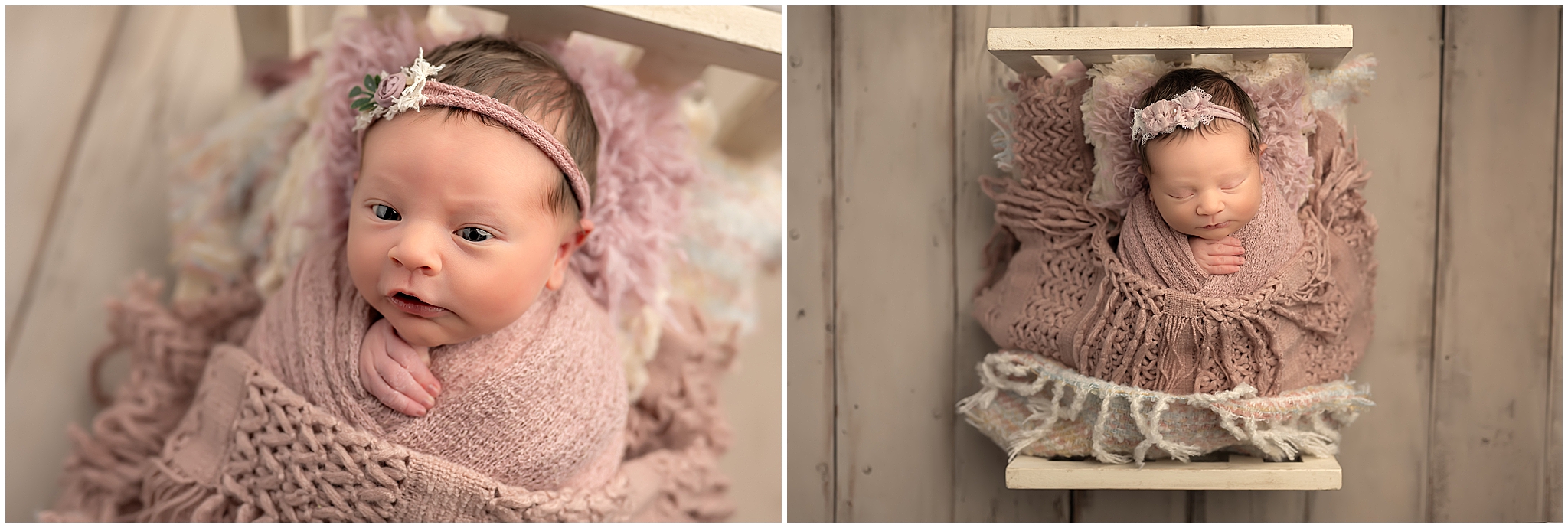 newborn baby girl sleeping in tiny bed during photography session in london ontario