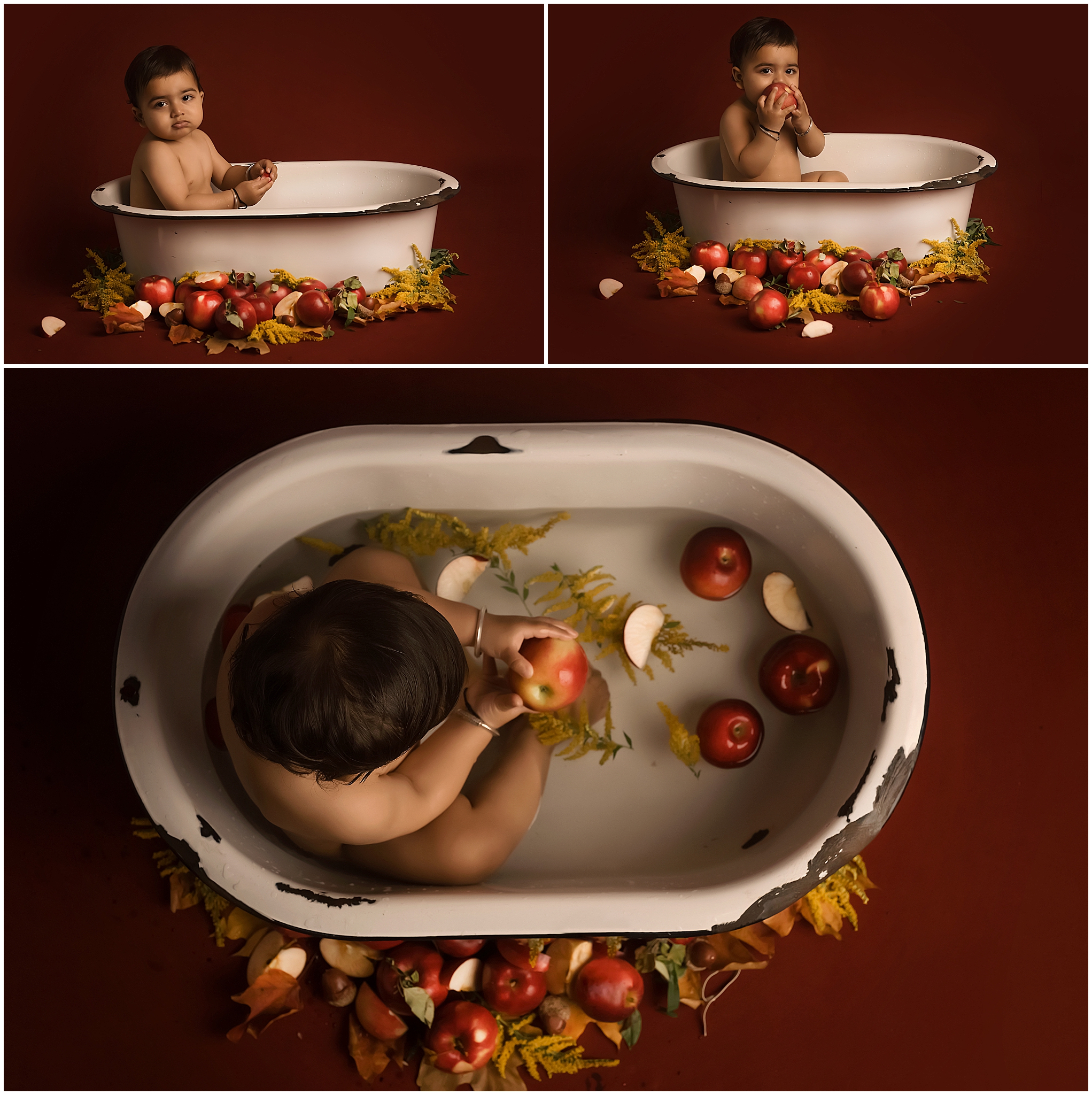 toddler in fruit bath during first birthday photo session in london ontario