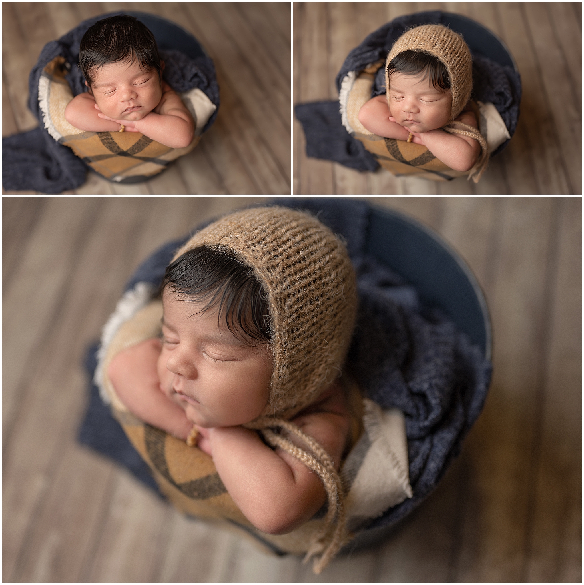 baby boy in bucket during newborn photography session in london ontario