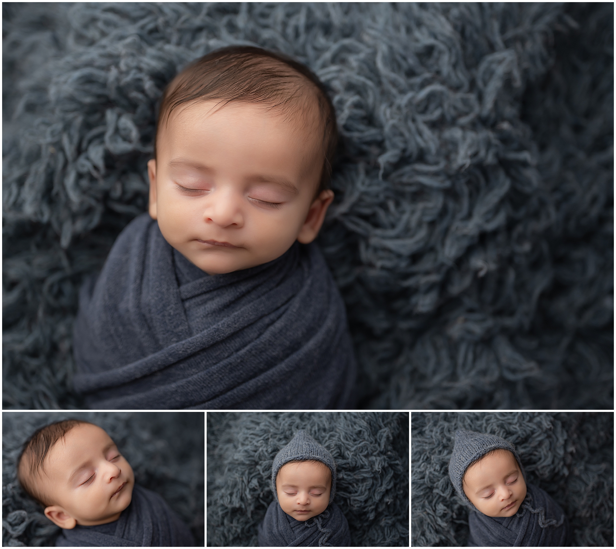 baby boy wrapped on blue on flokati during newborn photography session in london ontario