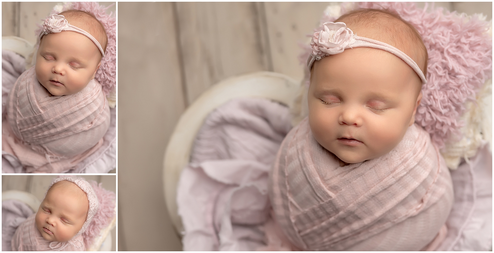 baby girl wrapped in pretty pink during newborn photography session at studio in london ontario