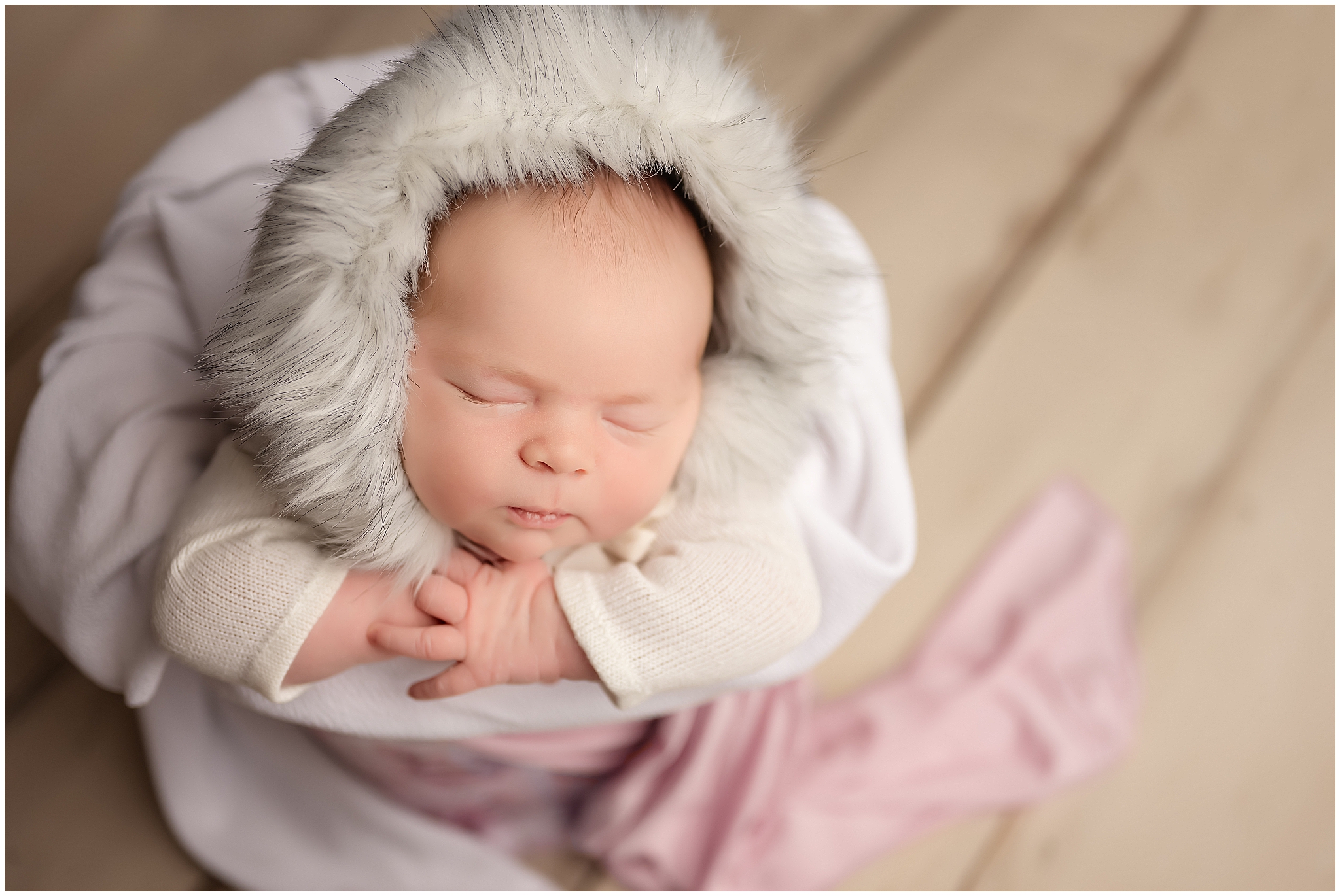 baby sleeping in bucket during newborn photography session at london ontario studio