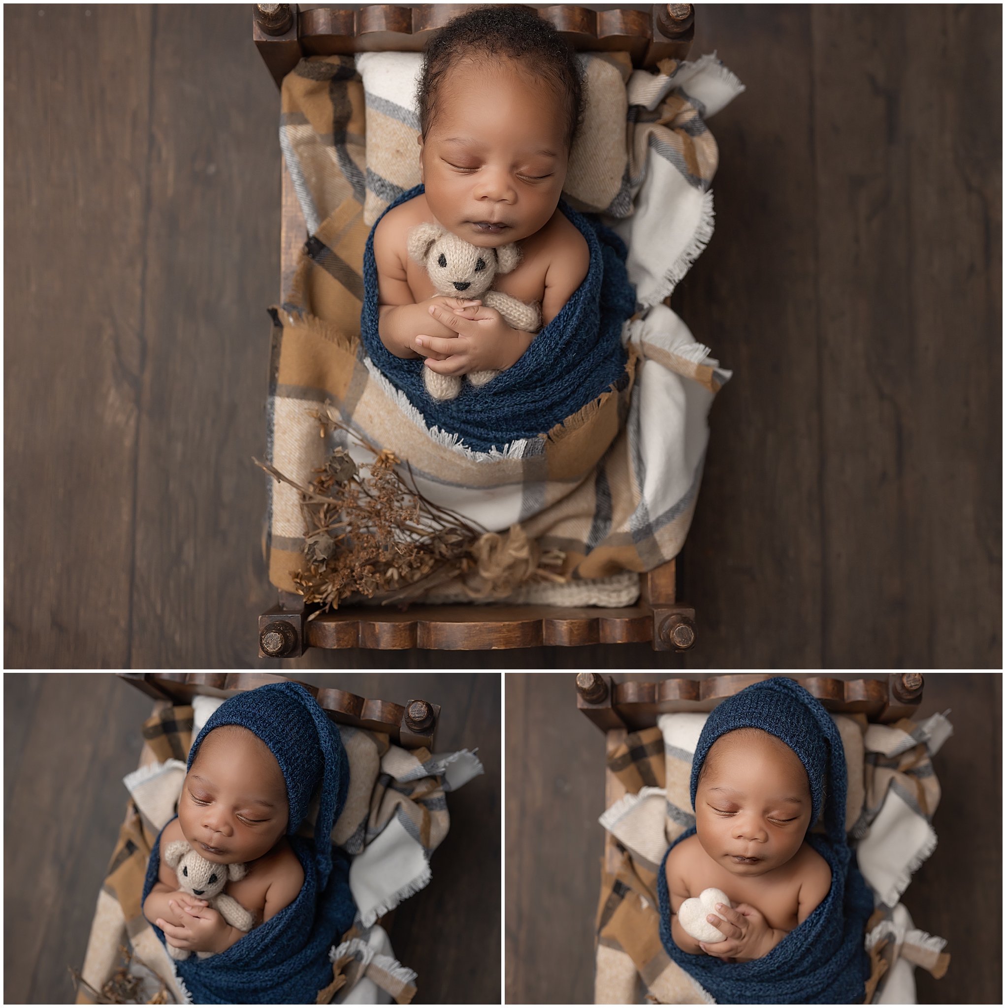 baby boy in tiny bed during newborn photography session in london ontario